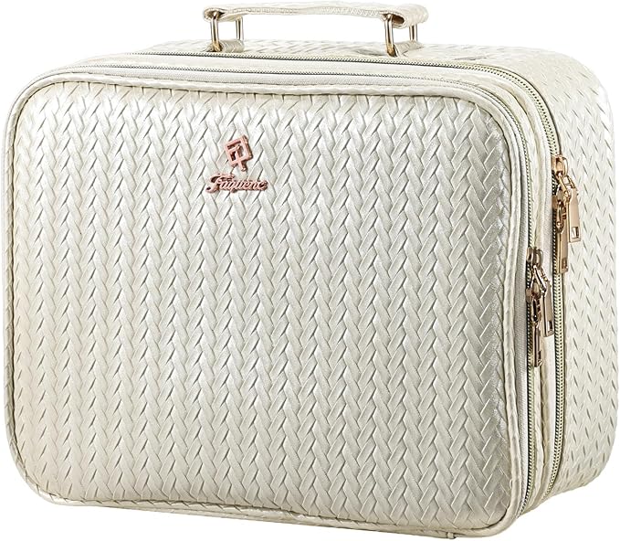 Makeup Bag with LED Lighted Mirror 12.2 IN Travel Double Layer Makeup Case Adjustable Brightness in 3 Colors Cosmetic Organizer Artist Storage with Dividers Brush Holder Vanity Beige