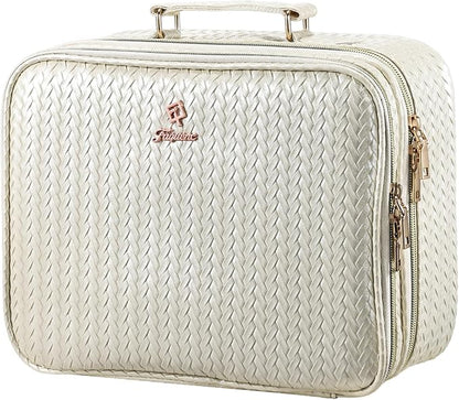 Makeup Bag with LED Lighted Mirror 12.2 IN Travel Double Layer Makeup Case Adjustable Brightness in 3 Colors Cosmetic Organizer Artist Storage with Dividers Brush Holder Vanity Beige