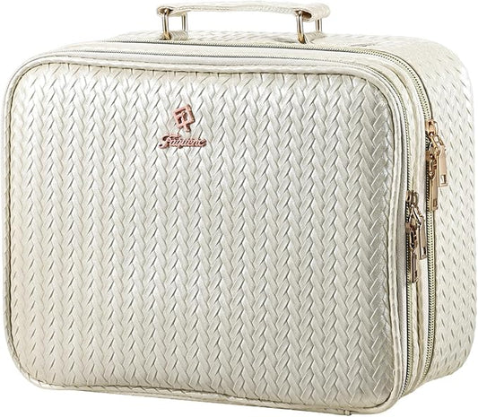 Makeup Bag with LED Lighted Mirror 12.2 IN Travel Double Layer Makeup Case Adjustable Brightness in 3 Colors Cosmetic Organizer Artist Storage with Dividers Brush Holder Vanity Beige