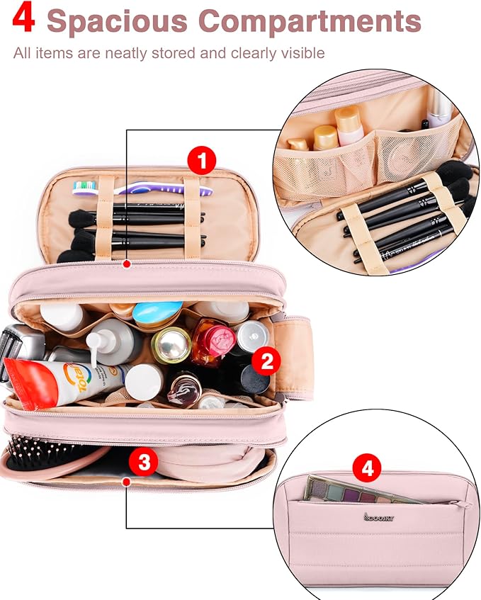 Toiletry Bag for Men & Women, Cruise Ship Travel Essentials, Shaving Dopp Kit with Dry and Wet Separation, Water-resistant Bathroom Cosmetic Organizer Bag, Makeup Accessories with Trolley Belt, Pink