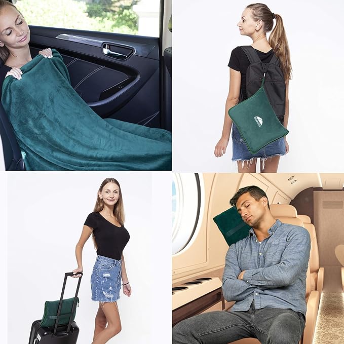 BlueHills Premium Soft Travel Blanket Pillow Airplane Flight Blanket Throw in Soft Bag Pillowcase Compact Pack Large Comfort for Travel Green (Dark Green T010)