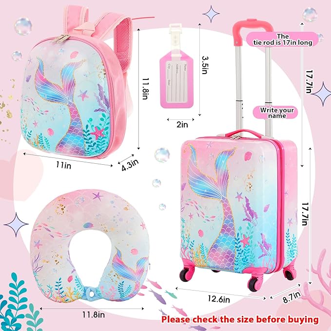 Sanwuta 4 Pcs Kids Luggage Set Backpack Travel Rolling Suitcase U-shape Pillow Christmas Children Gift for Girls Boys(17 Inch,Mermaid's Tail Style,Blue Purple)