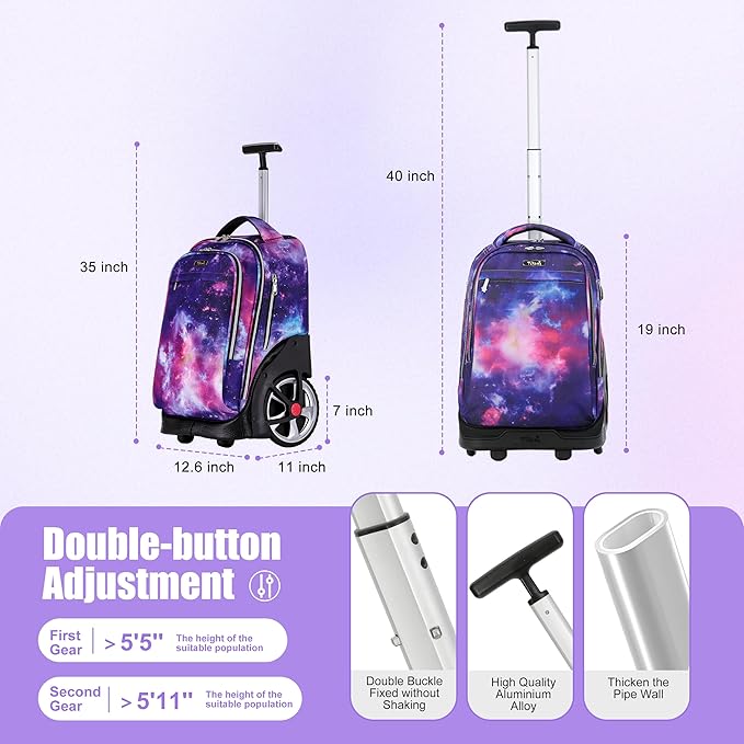 NEW TILAMI 19 Inch Rolling Backpack with Lunch Bag for Girls Boys Wheeled Laptop Backpack Durable Carry-on Bag School Travel, Purple Starry
