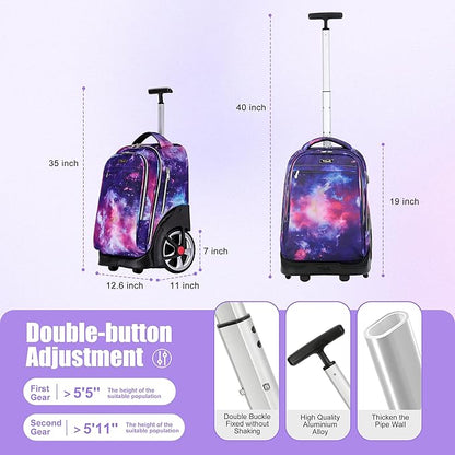 NEW TILAMI 19 Inch Rolling Backpack with Lunch Bag for Girls Boys Wheeled Laptop Backpack Durable Carry-on Bag School Travel, Purple Starry