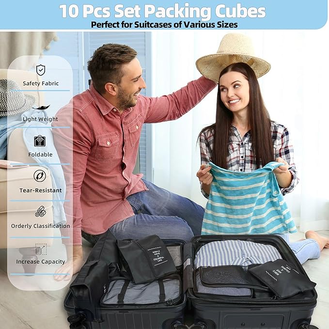 10 Pcs Set Packing Cubes - Travel Packing Organizers, Expandable Suitcase Organizer, Luggage Organizer Bags
