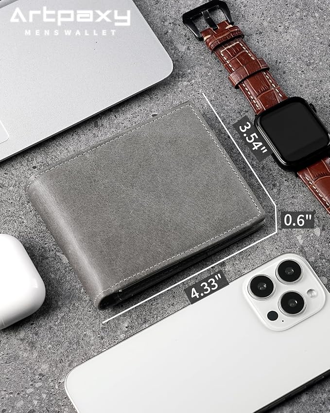 Mens Wallet Bifold Genuine Leather RFID Blocking Wallet for Men with 1 ID Windows 13 Card Holders 2 cash pockets 1 Gift Box