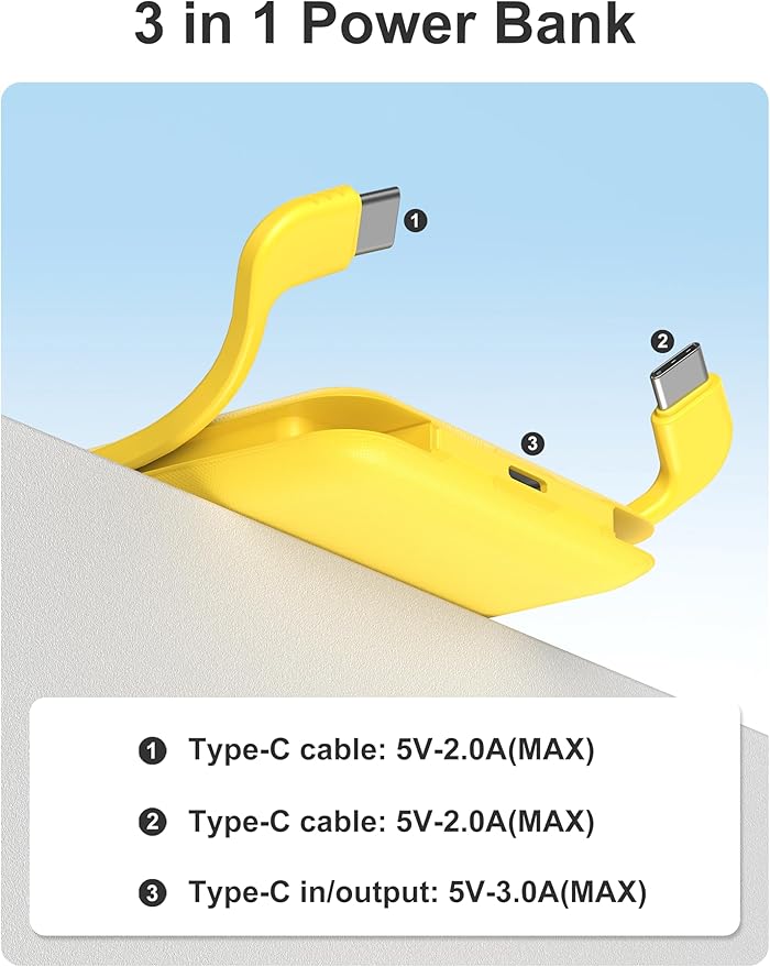 miisso 10000mAh Compatible with iPhone 15/16/17 and Android, Slim Portable Charger with Built in Cable, Power Bank Travel Charger External Battery Pack for Phone, 3 Output USB Type C Cord, Yellow