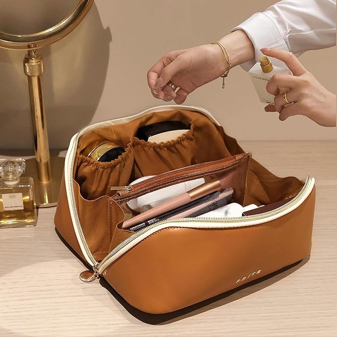 Prite Makeup Bag for Women Travel Waterproof Vegan Leather Cosmetic Bag Open Flat Toiletry Bag With Clear Divider and Handle