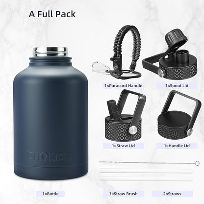 BJPKPK Insulated Water Bottles with Straw Lid, 50oz Large Water Jug, Stainless Steel Vacuum Bottles, Hot & Cold Thermo with 3 Lids and Paracord Handle,Navy Blue