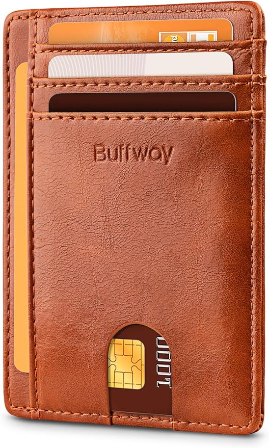Buffway Slim Minimalist Front Pocket RFID Blocking Leather Wallets for Men and Women - Alaska Brown