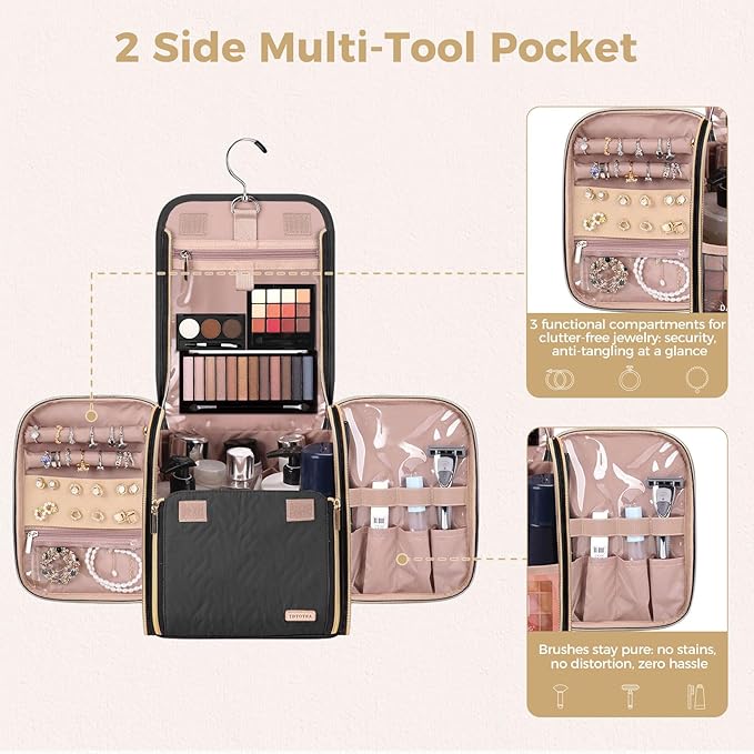 Hanging Toiletry Bag & Makeup Bag for Women with Jewelry Organizer - TSA Approved Large Capacity Travel Cosmetic Organizer, Waterproof Shower Essentials Case with Transparent Pockets, Black