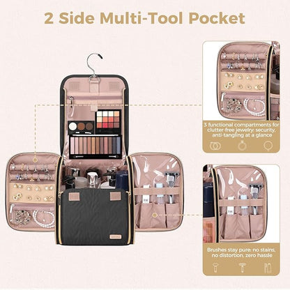 Hanging Toiletry Bag & Makeup Bag for Women with Jewelry Organizer - TSA Approved Large Capacity Travel Cosmetic Organizer, Waterproof Shower Essentials Case with Transparent Pockets, Black