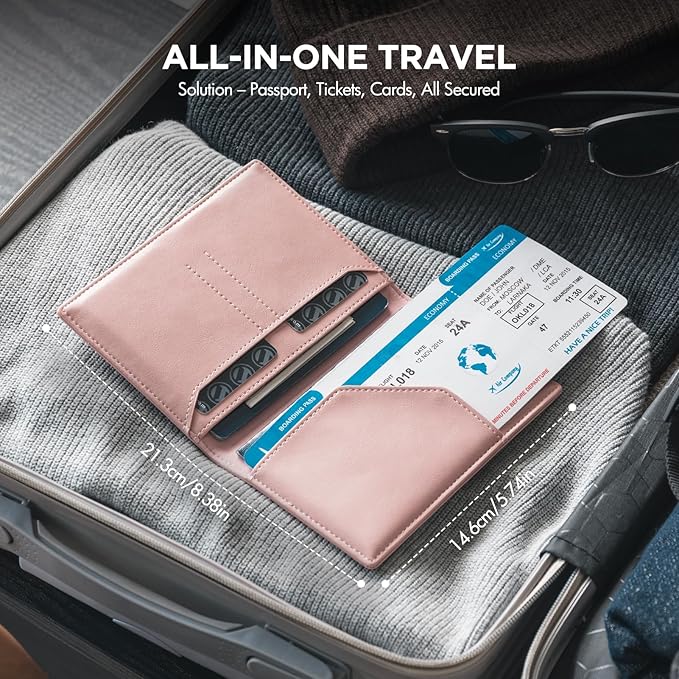 VULKIT Passport Holder for Travel, Rfid Blocking Passport Cover, Slim Travel Wallet for Men & Women, Dusty Pink