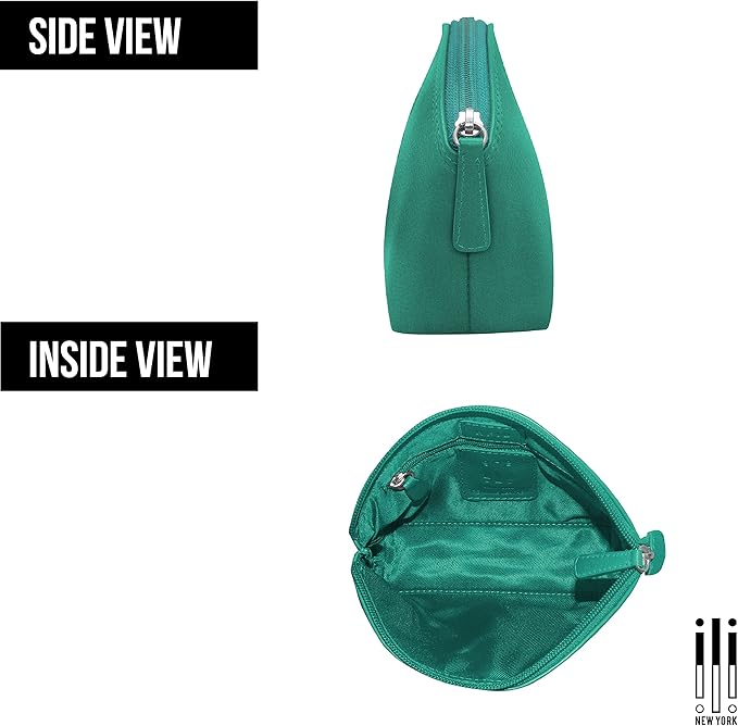 ili New York Genuine Leather Cosmetic Pouch - RFID Blocking Leather Travel Organizer Bag with Top Zip Closure and Interior Zip Pocket, Compact Lightweight Make Up Bags, Aqua
