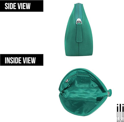 ili New York Genuine Leather Cosmetic Pouch - RFID Blocking Leather Travel Organizer Bag with Top Zip Closure and Interior Zip Pocket, Compact Lightweight Make Up Bags, Aqua