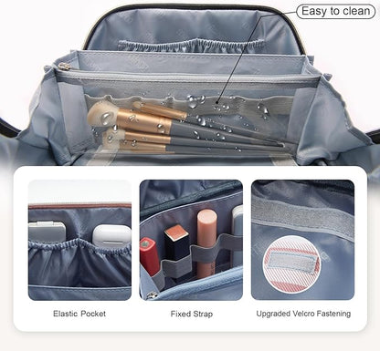 BOYATU Travel Makeup Bag for Women: Large Cosmetic Bag Set of 3 - PU Leather Make up Bag with Compartments - Compact Waterproof Toiletry Bag with Divider & Handle (B-1-Pink)