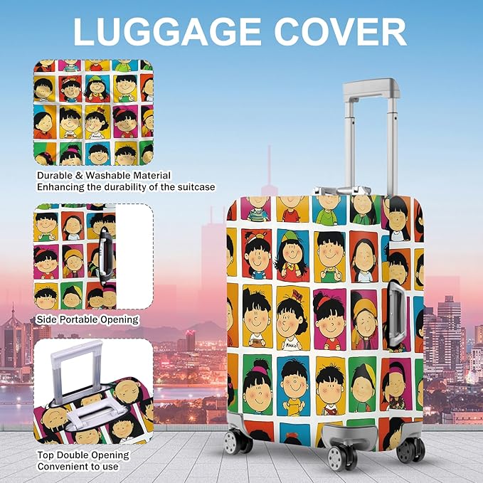 ANNA QUEEN Mina and Friends Luggage Cover, Colorful Cartoon Characters Design, Stretchable, Washable Travel Protector for 20-34 Inch Suitcases