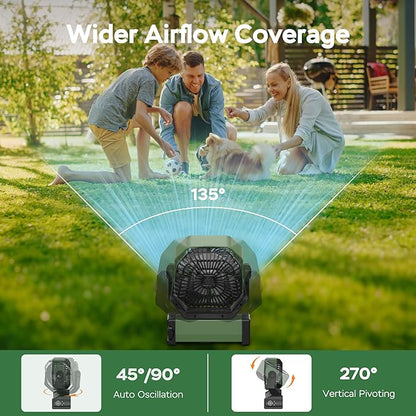 KITWLEMEN Camping Fan with Light - 20000mAh Rechargeable Battery Fan, 60Hrs Max Run Time, 4 Speeds, Timer, Auto Oscillation, 270° Pivot & Hook for Camping, Power Outage, Hurricane