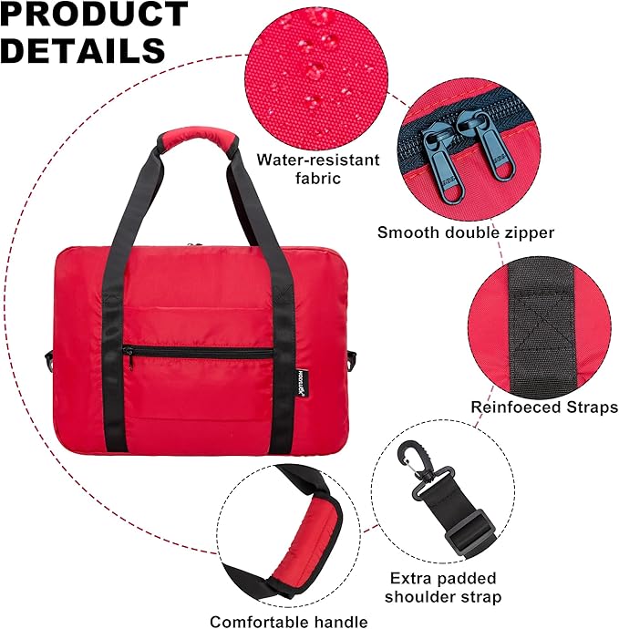 Foldable Travel Duffle Bag, Airlines Approved Carry On Bag Weekender Overnight Bag for Men Women, 40L (Red)