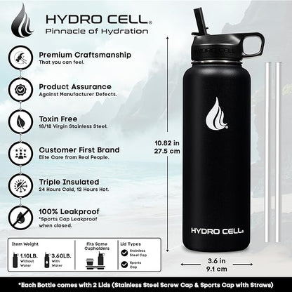 HYDRO CELL Stainless Steel Insulated Water Bottle with Straw - For Cold & Hot Drinks - Metal Vacuum Flask with Screw Cap and Modern Leakproof Sport Thermos for Adults (Black 40oz)