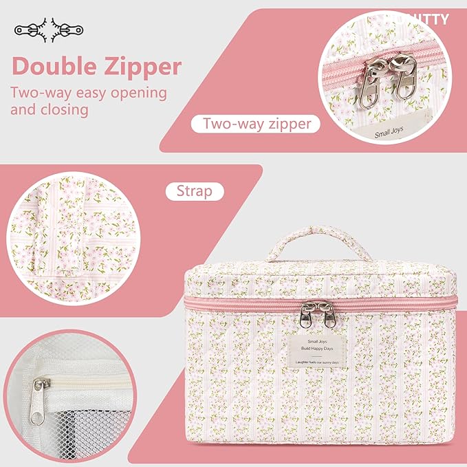 Makeup Bag,Quilted Cosmetic Bags,Large Floral Make Up Organize bag,Makeup Bag Set for Women,Flower Travel Toiletry Bag