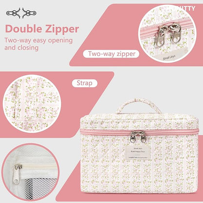 Makeup Bag,Quilted Cosmetic Bags,Large Floral Make Up Organize bag,Makeup Bag Set for Women,Flower Travel Toiletry Bag