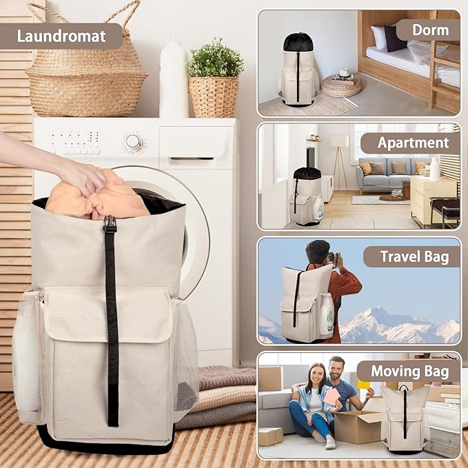 Laundry Backpack Bag, 132L Extra Large Heavy Duty Laundry Backpack for College Dorm Essentials, Laundry Hamper Travel Bag with Shoulder Straps and Mesh Wash Bags for Laundromat, Apartment Khaki