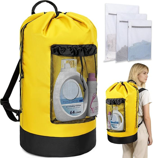 Laundry Bag Backpack with 3 Sizes Mesh Wash Bags and Shoulder Straps Foldable Clothes Hamper Bag with Drawstring Closure for College, Apartment, Laundromat (Yellow)