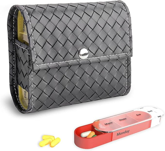 Pill Organizer,LIZIMANDU Weekly Travel Pill Case Box Medication Reminder Daily AM PM, Day Night 7 Compartments,for 4 Times A Day, 7 Days a Week-Includes Leather PU Carrying Case (1-Weave Grey)