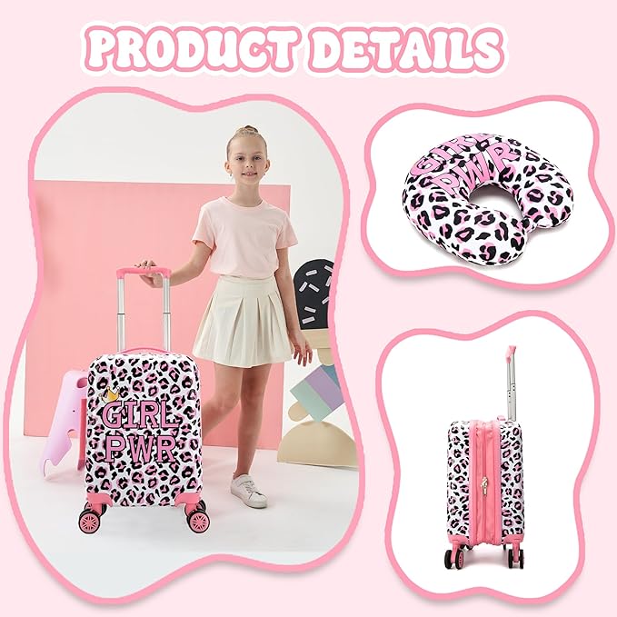 Kid's Luggage Set 3 Piece Suitcase Set 16" Hardside Luggage with Spinner Wheels Girls Carry on Toddler Travel Rolling Suitcase with Duffle Bag Neck Pillow Airline Approved