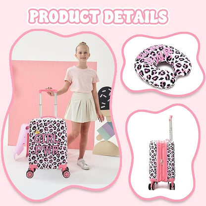 Kid's Luggage Set 3 Piece Suitcase Set 16" Hardside Luggage with Spinner Wheels Girls Carry on Toddler Travel Rolling Suitcase with Duffle Bag Neck Pillow Airline Approved