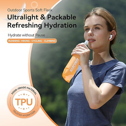 MARCHWAY Soft Hydration Flask with Wide Mouth, 300ml/500ml Collapsible TPU Water Bottle, Leakproof Portable Flexible for Running, Hiking, Cycling, Climbing, Gym, Travel (2pcs Orange 500ml)