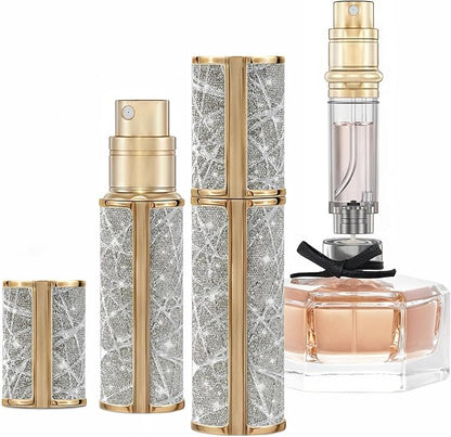 AE00GD Sparkling Travel Perfume Bottle, 5ml Mini Perfume Atomizer Sprayer, Glitter Diamond Pump Fill Perfume Bottle for Traveling, Vacation & Bussiness (Sparkling Gold)
