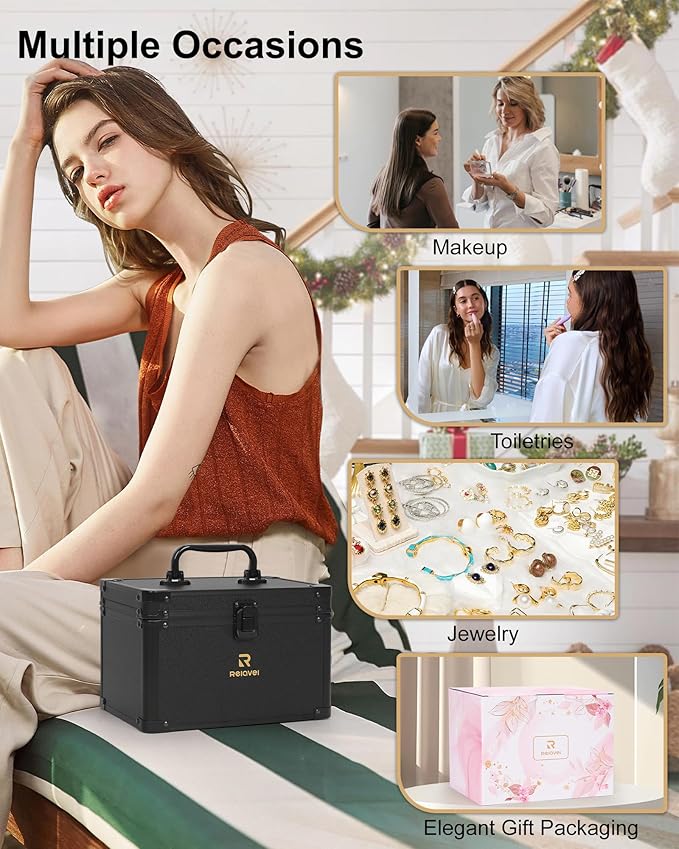 Relavel Makeup Bag with LED Mirror, Travel Cosmetic Train Case with 3 Colors Light up Mirror, Portable Makeup Aritst Storage Organizer Box with Brush Holder, Birthday Gifts for Women and Girls, Black