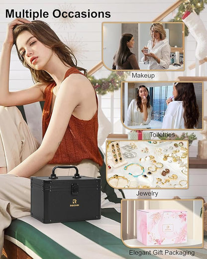 Relavel Makeup Bag with LED Mirror, Travel Cosmetic Train Case with 3 Colors Light up Mirror, Portable Makeup Aritst Storage Organizer Box with Brush Holder, Birthday Gifts for Women and Girls, Black