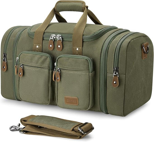 Gonex Canvas Duffle Bag for Travel, Expandable Water Resistant 60L Carry on Duffel Overnight Weekender Gym Bag with Wet Dry Separation Pocket & Suitcase Handle Sleeve, Army Green