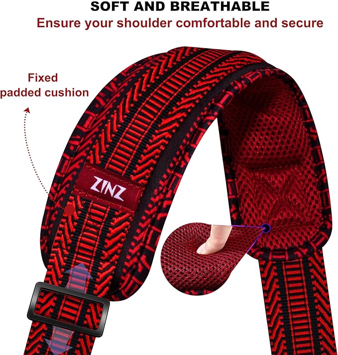 ZINZ Shoulder Strap 59 Inch Universal Bag Strap with Ultra-thick Fixed Breathable Pad Adjustable Heavy-duty Shoulder Strap for Laptop bag Crossbody Gym Bag Camera Bag and more - Black Red Jacquard