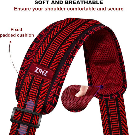 ZINZ Shoulder Strap 59 Inch Universal Bag Strap with Ultra-thick Fixed Breathable Pad Adjustable Heavy-duty Shoulder Strap for Laptop bag Crossbody Gym Bag Camera Bag and more - Black Red Jacquard