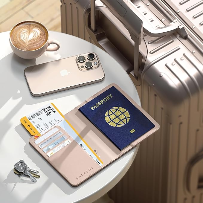Satechi Passport Holder for Travel with Find My, Passport Cover with 4 Card Holder, Wireless Charging, and RFID protection – Travel Essential Vegan Leather Passport – Desert Rose