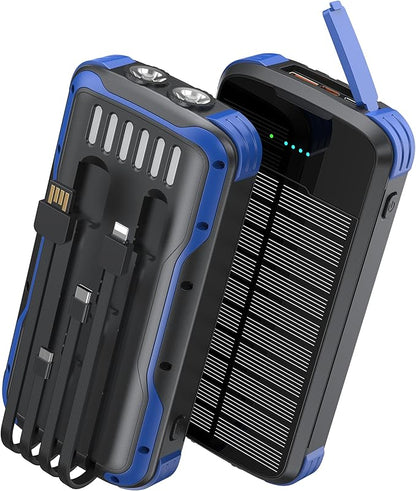 Solar Charger Power Bank, PD 20W Fast Charging External Batter, 40000mAh Portable Phone Charger Built in 4 Cables with Dual Bright Flashlights for Camping, Hiking, and Outdoor Use (Blue)