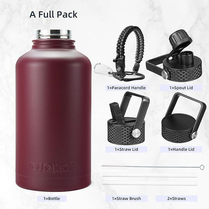 BJPKPK Half Gallon Insulated Water Bottles with Straw Lid, 64oz Large Water Jug, Stainless Steel Bottles with 3 Lids and Paracord Handle, Thermo for Hot & Cold Liquid, Brick Red