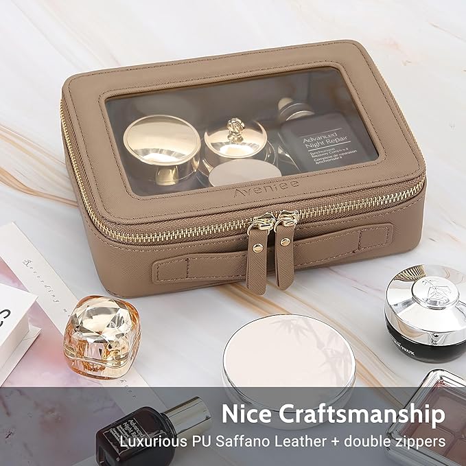 Aveniee Clear Makeup Bag Set (2-Piece Mini & Midi) - Travel Toiletry Organizer for Women, Waterproof Cosmetic Pouch & Car Accessory for Travel Size Toiletries, Taupe