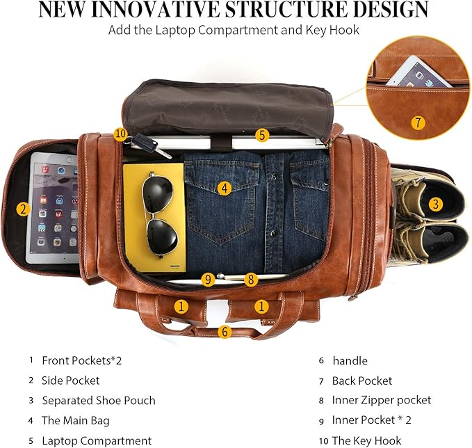 Zeroway PU Leather Travel Duffel Bag with Shoe Pouch Large Carry on Bag Waterproof Weekender Overnight Bag for Men Women Brown