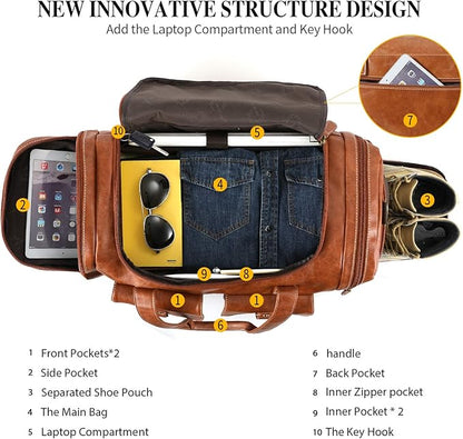 Zeroway PU Leather Travel Duffel Bag with Shoe Pouch Large Carry on Bag Waterproof Weekender Overnight Bag for Men Women Brown