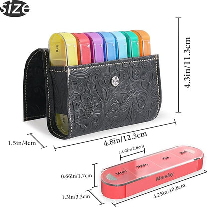 Pill Organizer,Haecsfl Weekly Travel Pill Case Box Medication Reminder Daily AM PM, Day Night 7 Compartments,for 4 Times A Day, 7 Days a Week-Includes Leather PU Carrying Case(1-Carved Black)