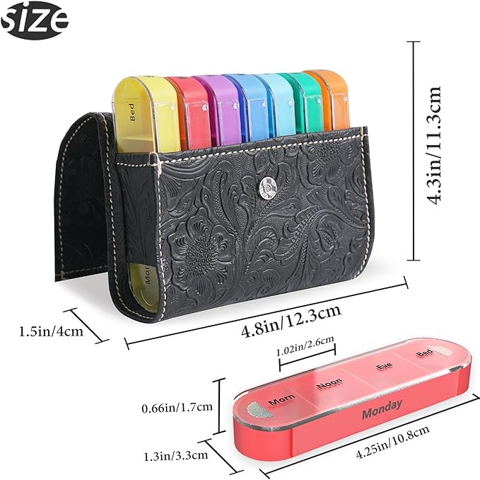 Pill Organizer,LIZIMANDU Weekly Travel Pill Case Box Medication Reminder Daily AM PM, Day Night 7 Compartments,for 4 Times A Day, 7 Days a Week-Includes Leather PU Carrying Case(1-Carved Black2)