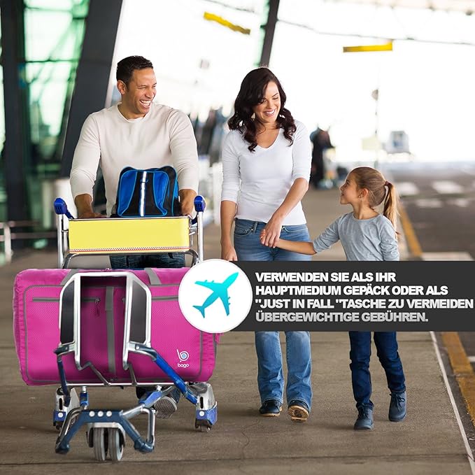 Bago Large Foldable Duffel Bags for Traveling Women & Men - 80L Packable Duffle Bag for Travel with Shoe Compartment - Water Repellant, Heavy Duty, Lightweight Folding & Collapsible (Pink)