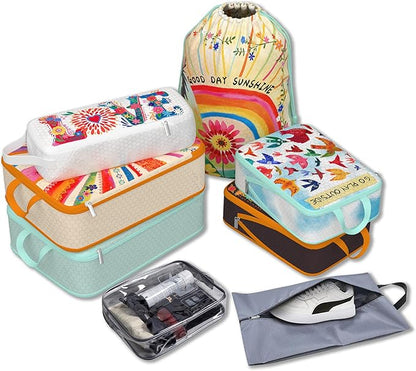 Wpnchsdc Compression Packing Cubes for Travel, 8 Set Natural Life Luggage Organizers, Waterproof Expandable/Compression Bags Bohemia Travel Packing Cubes with Clear Toiletry Bag and Shoe Bag