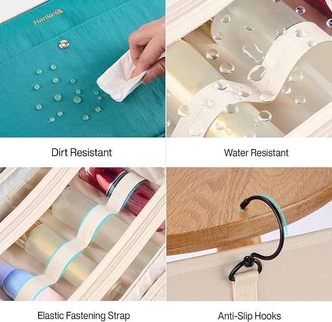 Hanke Hanging Travel Toiletry Bag for Women with Jewelry Organizer Compartment, Travel Essentials Toiletries and Makeup Bag, Water-Resistant & Stain-Resistant with Trolley Strap (Turquoise Green)