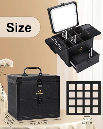 Relavel Makeup Bag with LED Mirror, Dual Layer Cosmetic Train Case with Light up Mirror Large Travel Makeup Artist Organizer Bag for Women with Adjustable Dividers & Nail Polish Organizer, Black